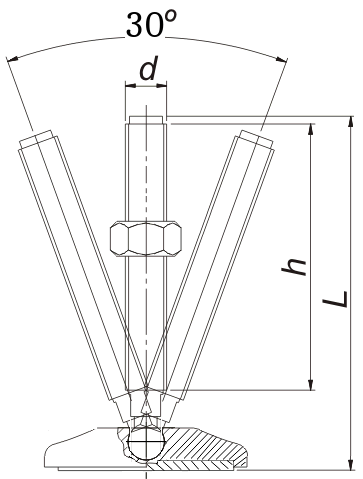 Desenho tecnico em corte de uma sapata articulada com base metalica usinada para maquina industrial